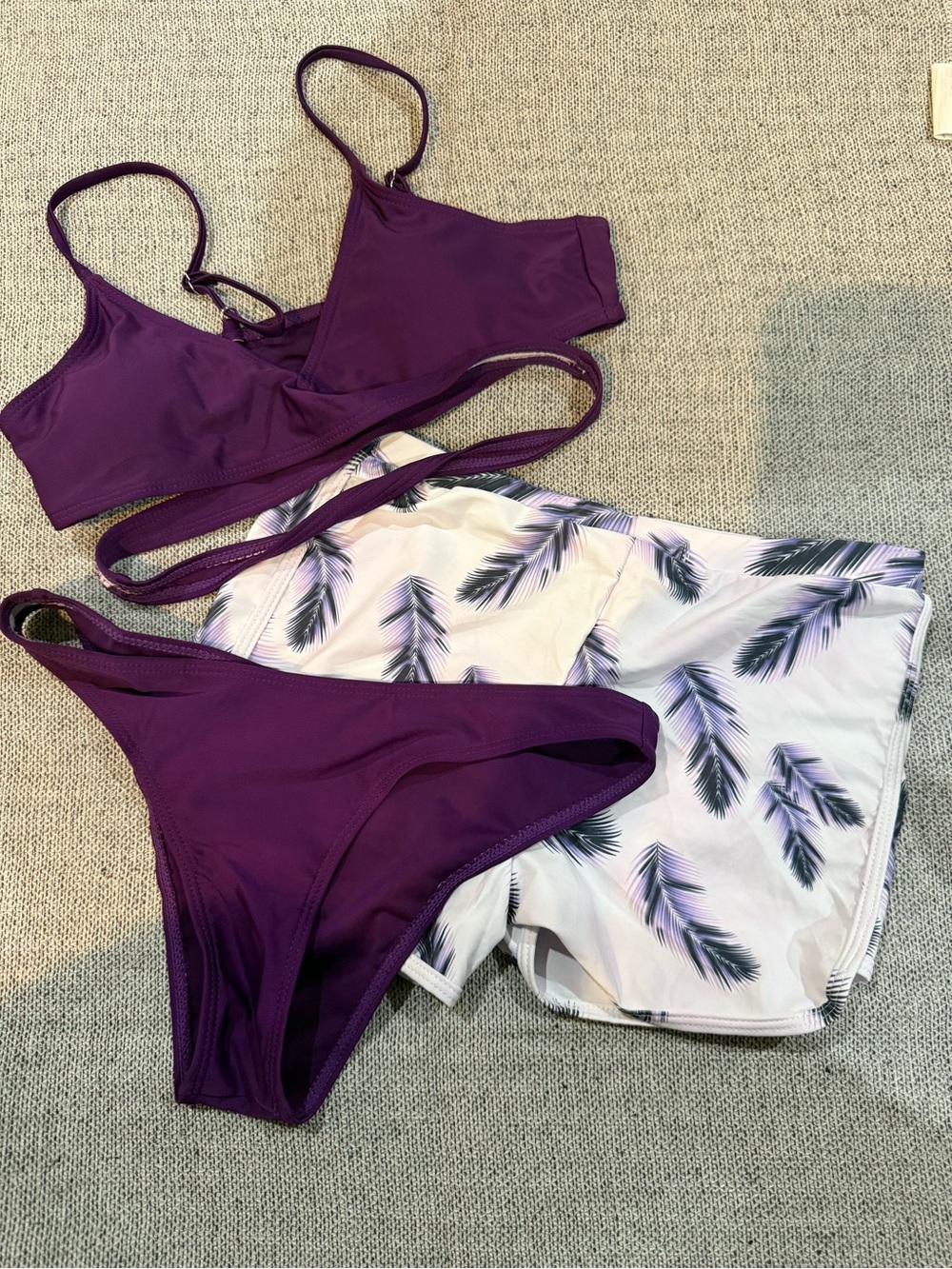 Girls' Purple Bikini Set with Palm-Print Swim Shorts